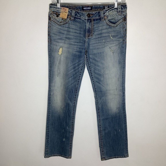 MEK DNM Womens OAXACA Jeans Blue Distressed Embroidered Pockets Size 32 x 34 - Picture 2 of 10